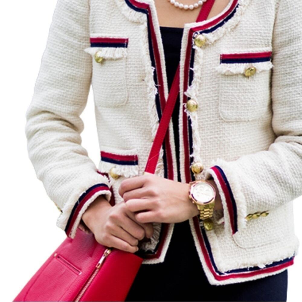 J.Crew Tweed Fringy Lady Jacket Blazer Classic red blue Four Pockets Size 6 6P - Picture 14 of 14